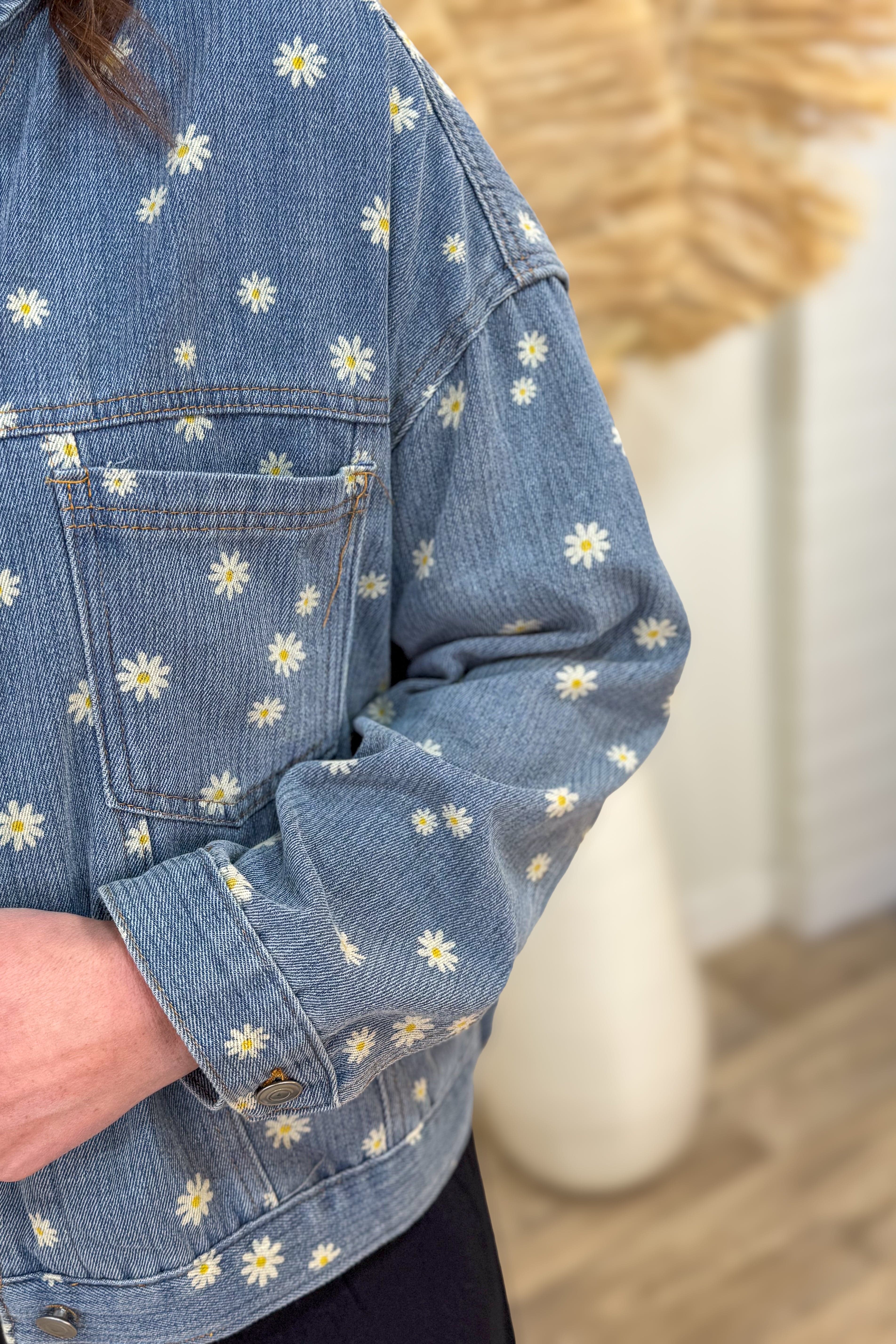 Denim Floral Printed Jacket Detailed