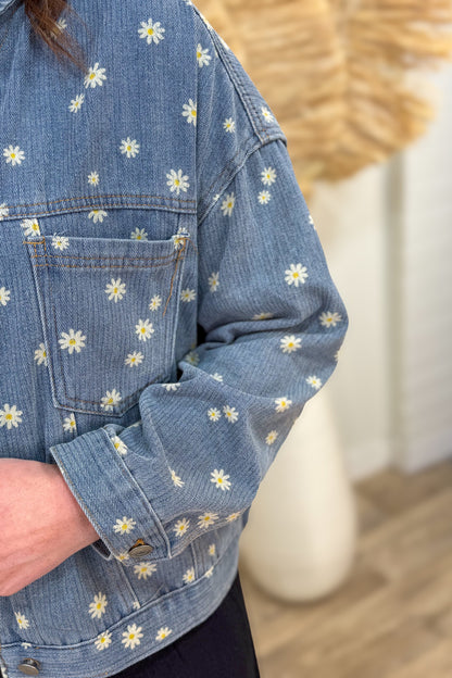 Denim Floral Printed Jacket Detailed
