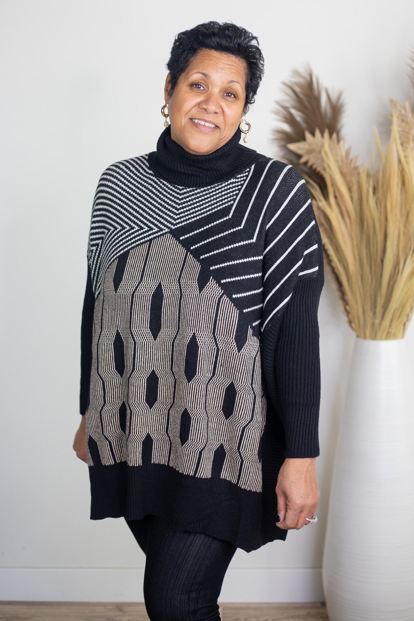 Black Printed Sweater Poncho