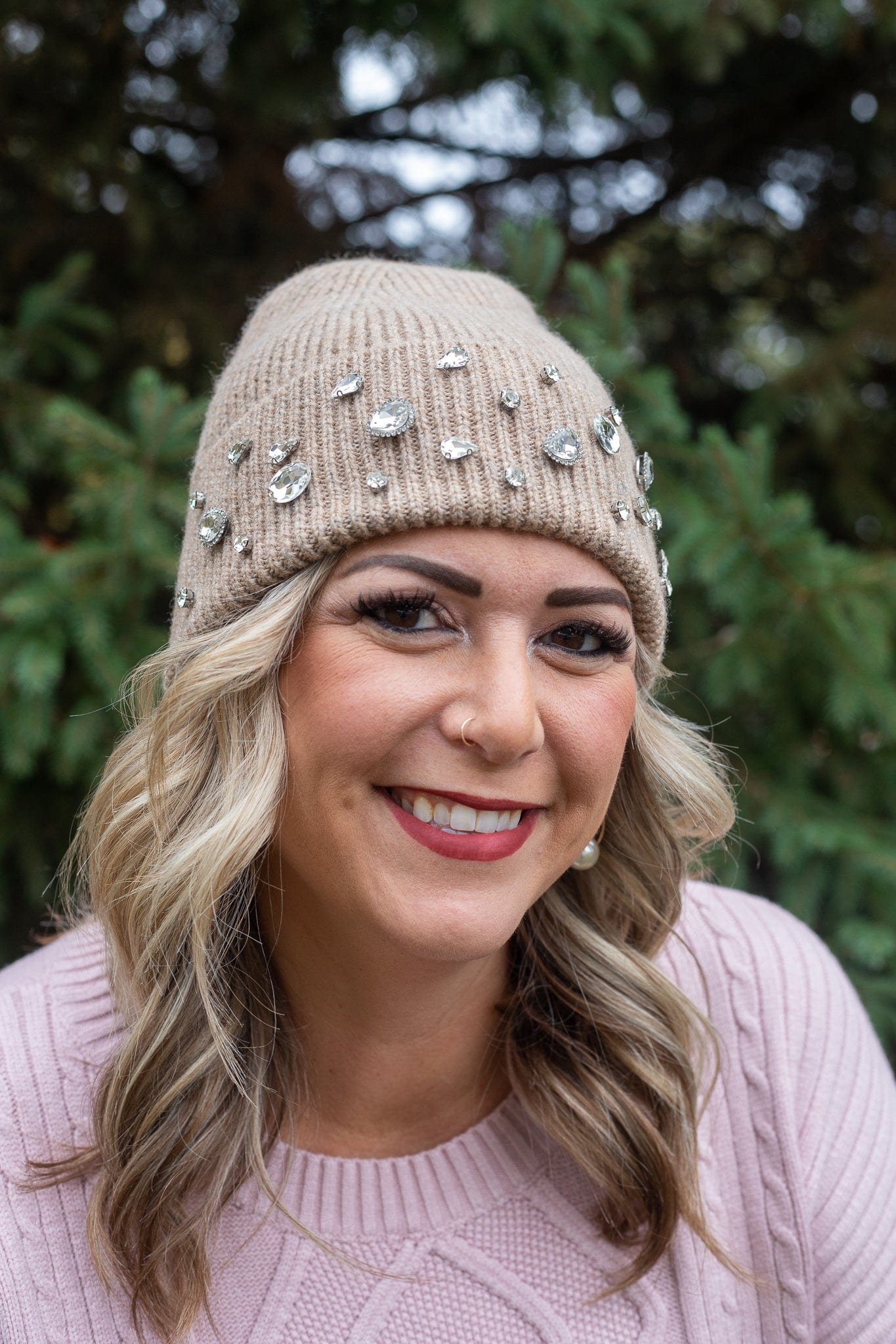 Rhinestone Charm Beanie - Camel