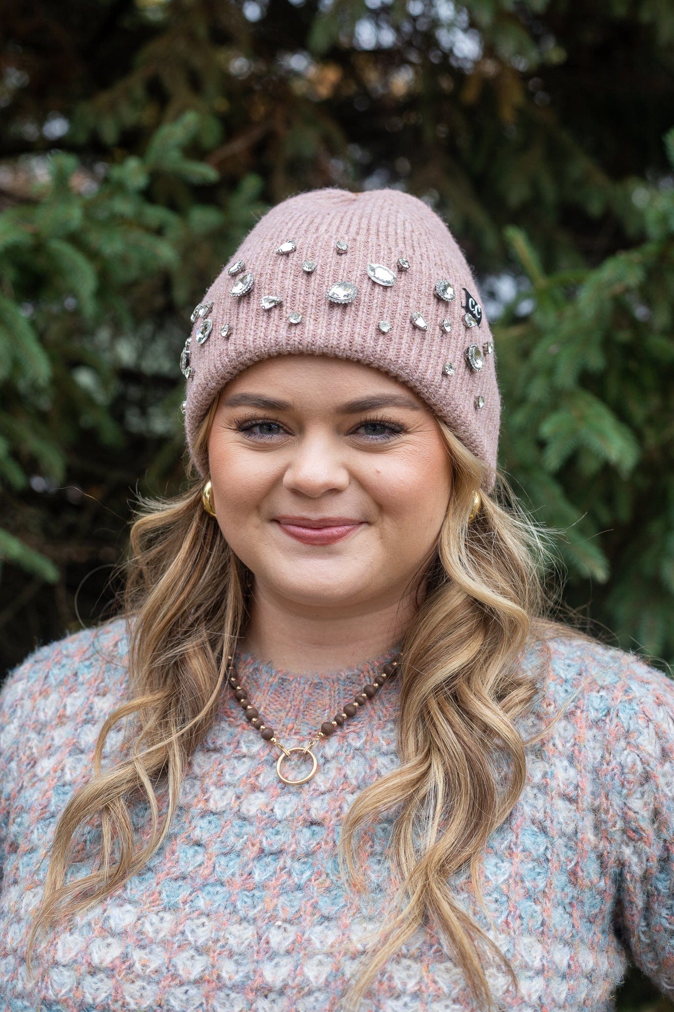 Rhinestone Charm Beanie - Rose