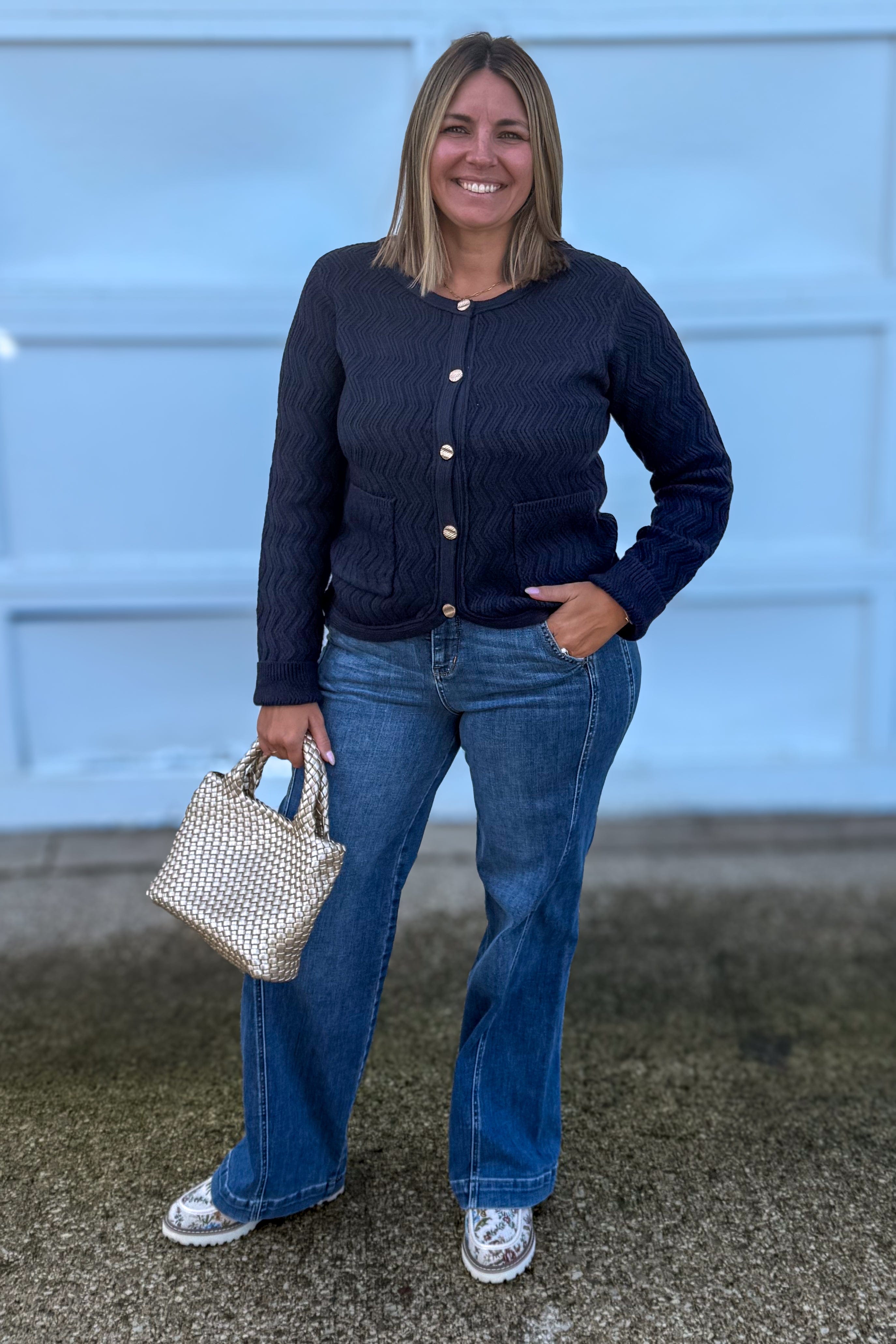 Deep Navy Chevron Pattern Button Down Cardigan styled