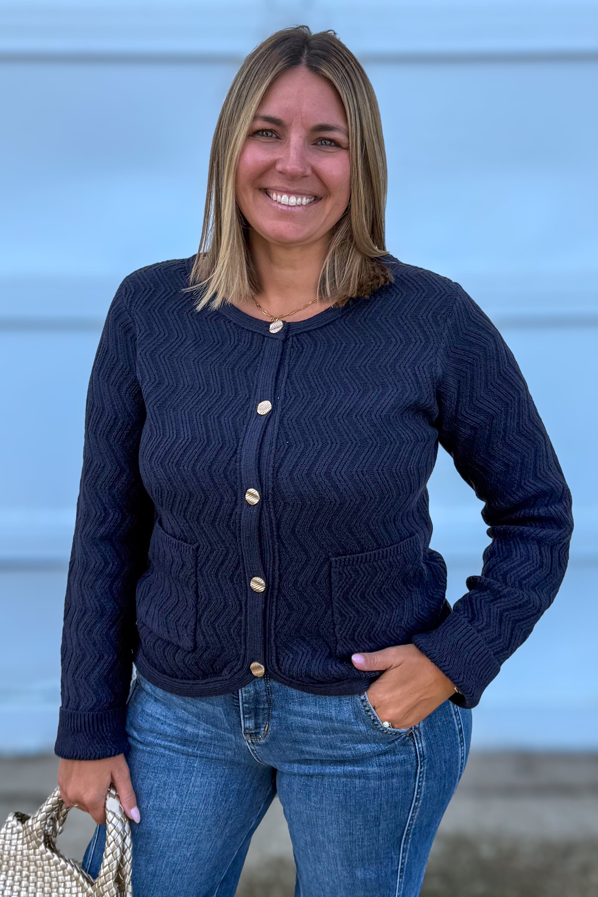 Deep Navy Chevron Pattern Button Down Cardigan