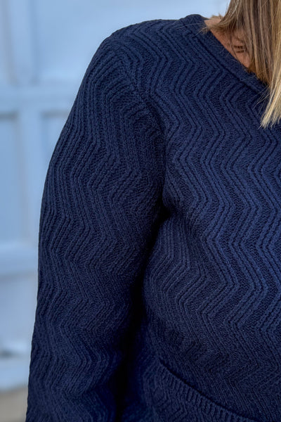 Deep Navy Chevron Pattern Button Down Cardigan detailed