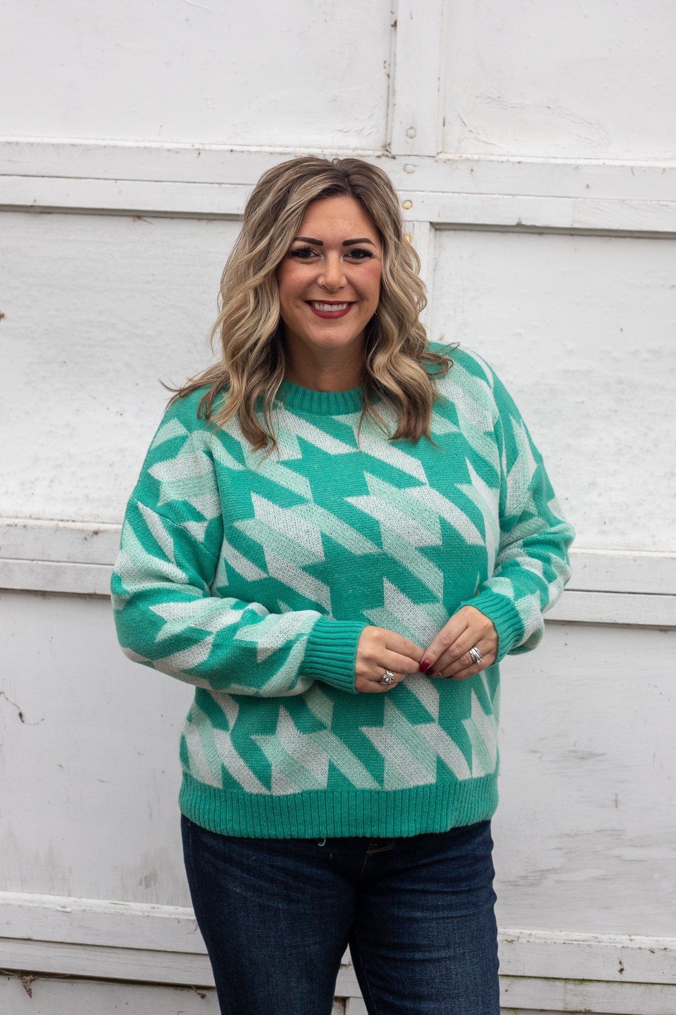 Jade Houndstooth Pullover Sweater