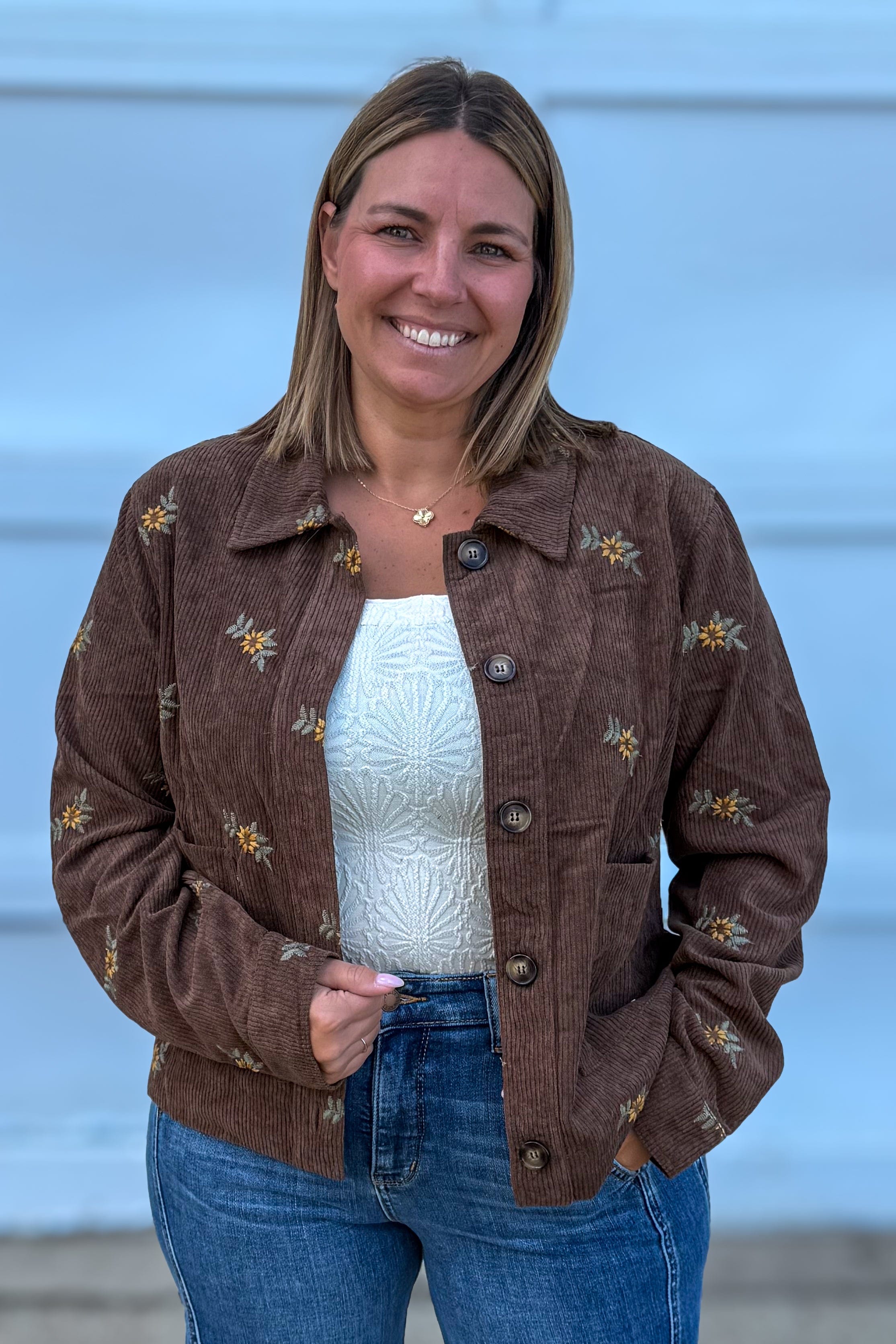 Brown Corduroy Jacket Flower Emboidery Detail