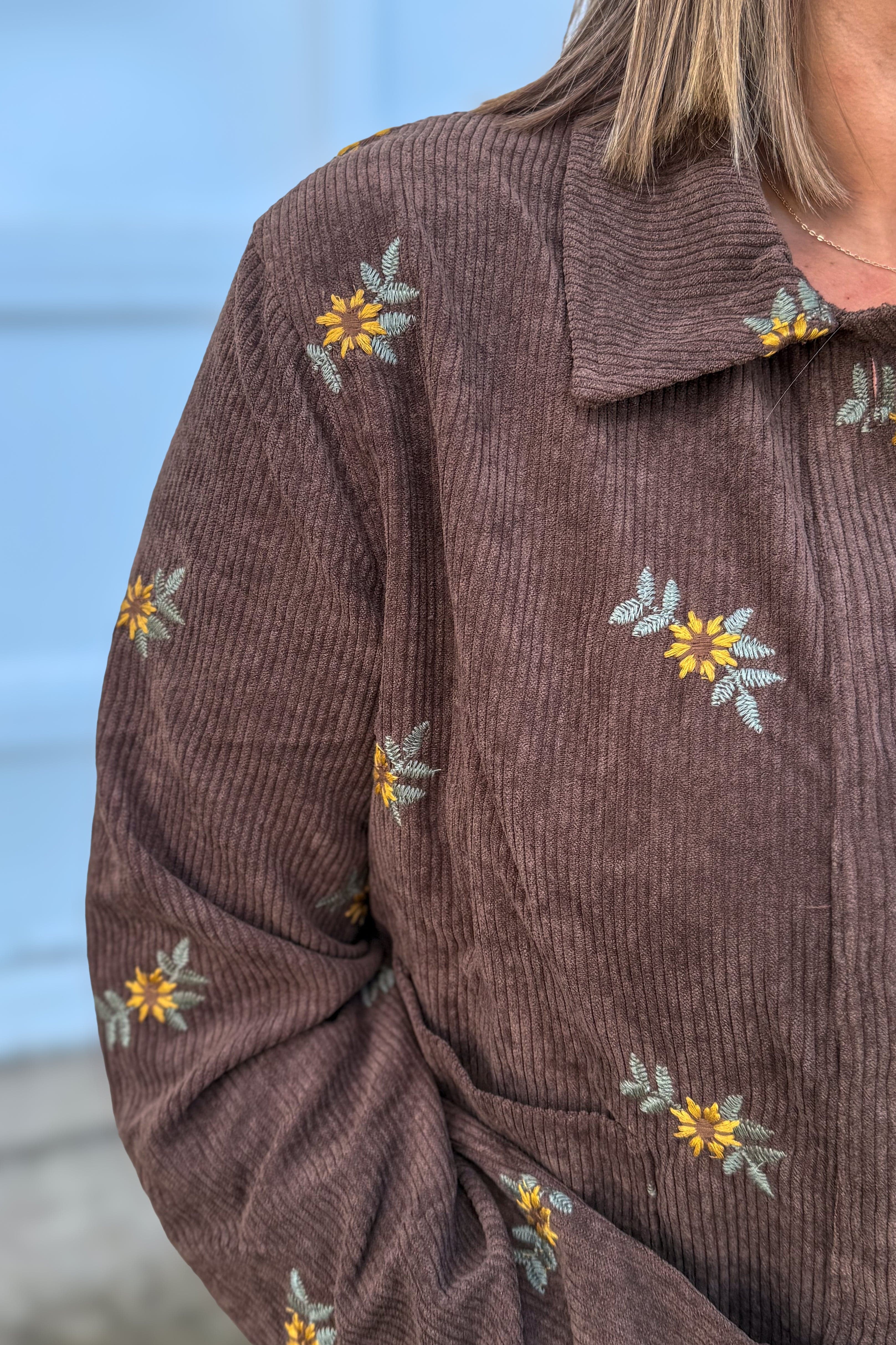 Brown Corduroy Jacket Flower Emboidery Detail