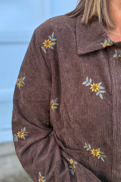 Brown Corduroy Jacket Flower Emboidery Detail