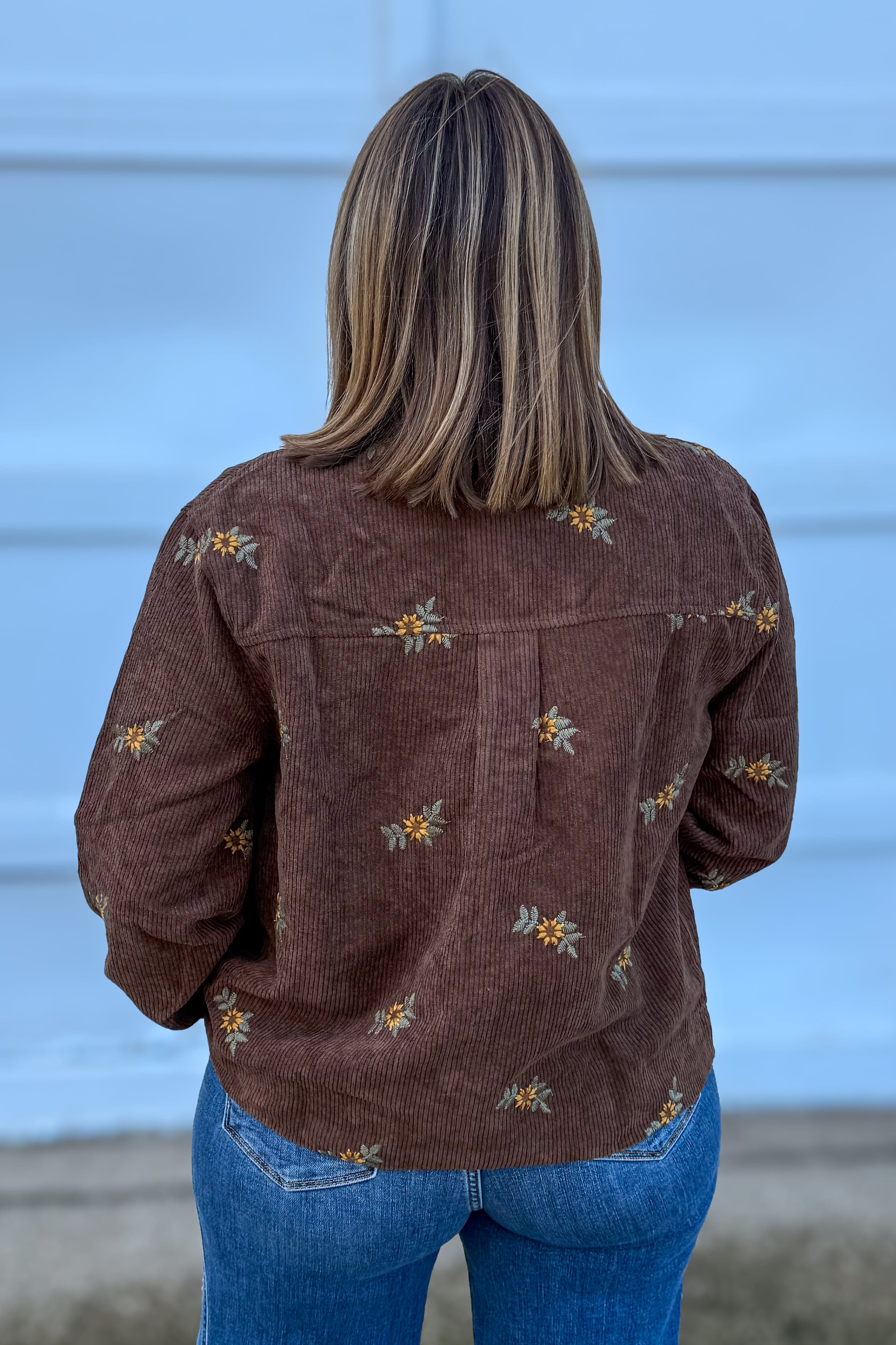 Brown Corduroy Jacket Flower Emboidery Detail