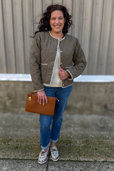 Olive Quilted Jacket w/Contrast Stitch Trim styled