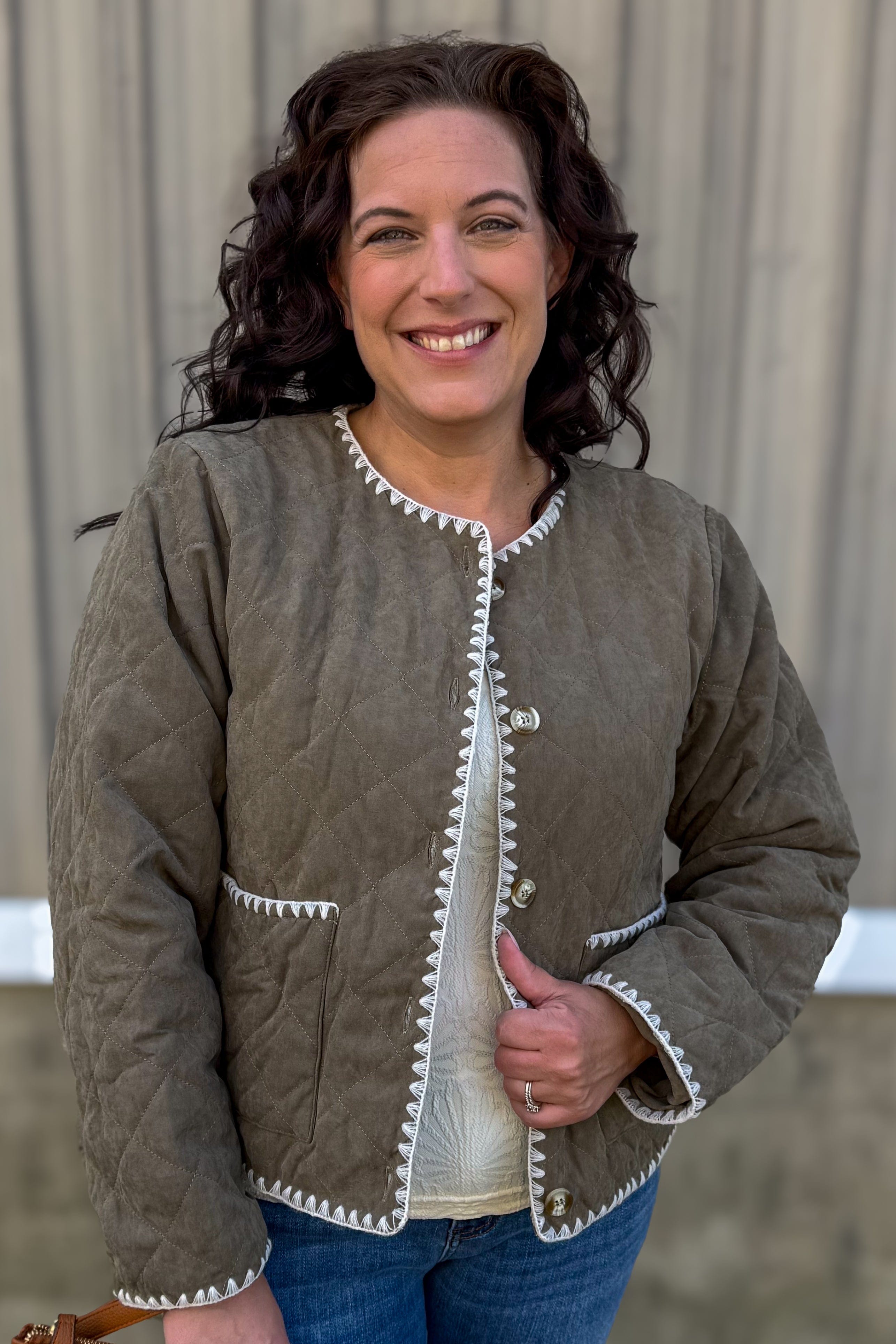 Olive Quilted Jacket w/Contrast Stitch Trim