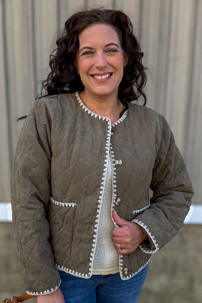 Olive Quilted Jacket w/Contrast Stitch Trim