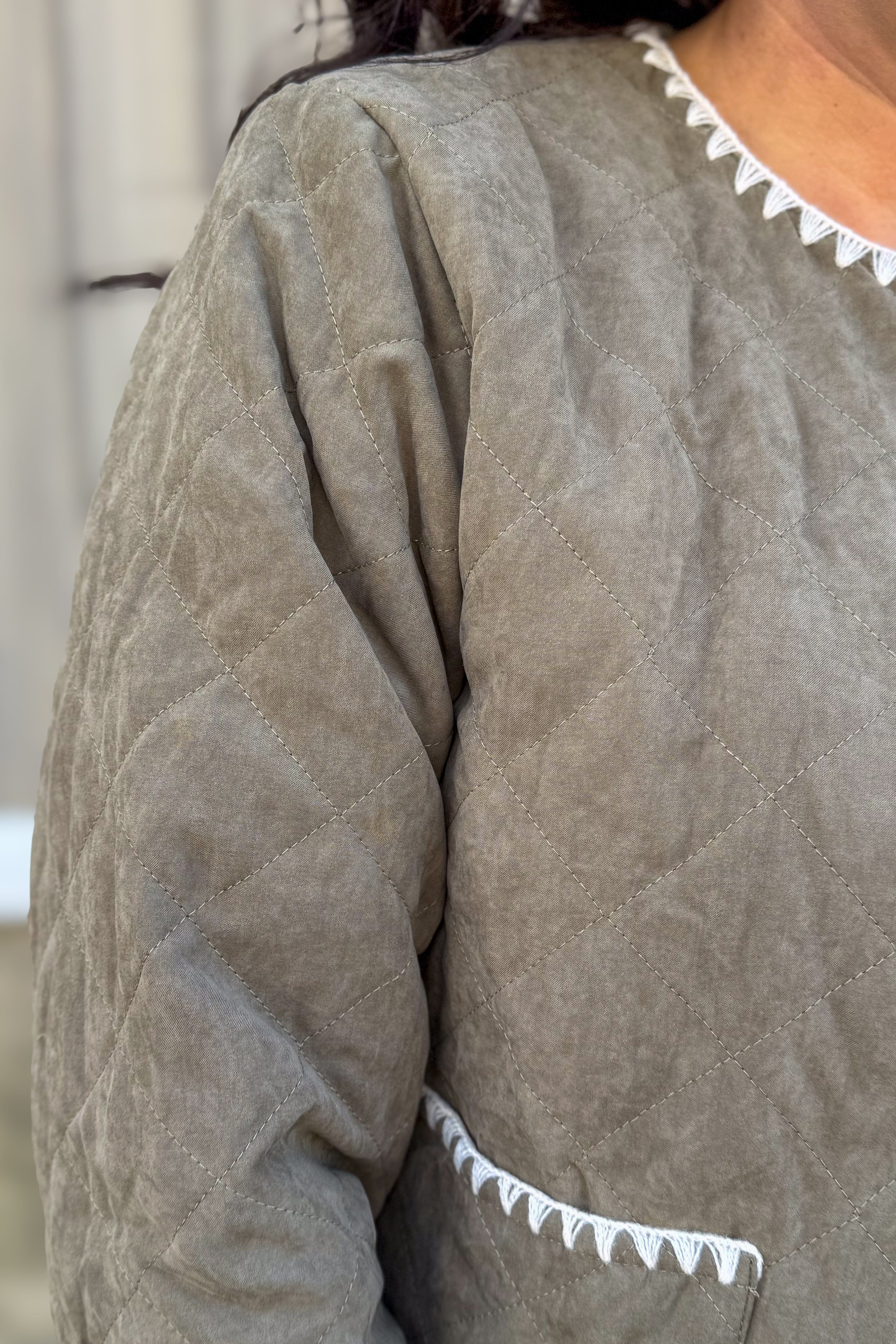 Olive Quilted Jacket w/Contrast Stitch Trim