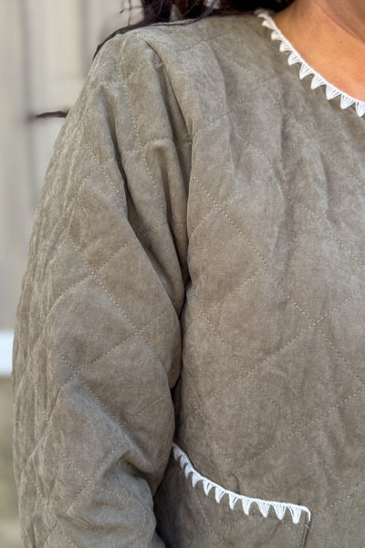 Olive Quilted Jacket w/Contrast Stitch Trim detailed
