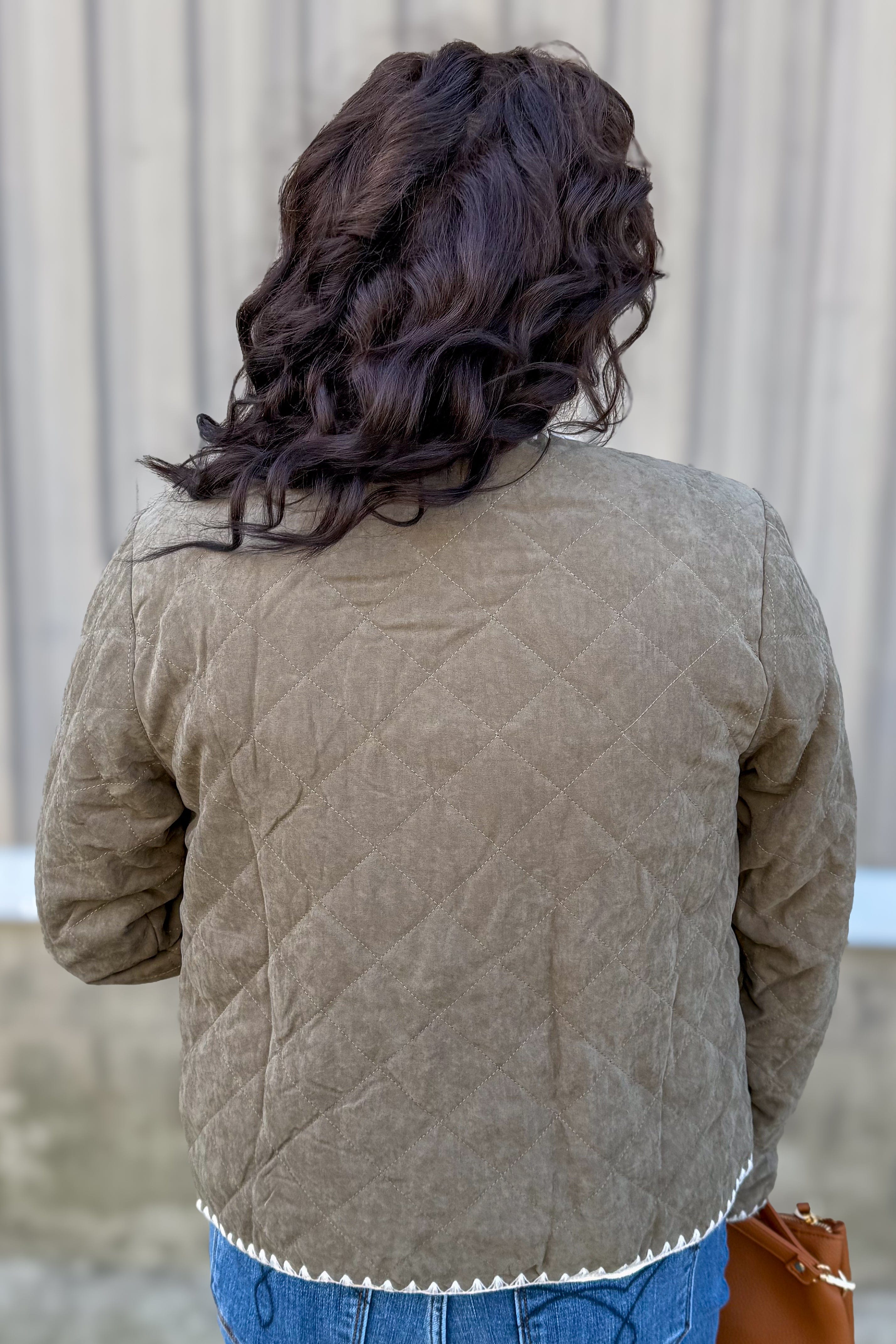 Olive Quilted Jacket w/Contrast Stitch Trim