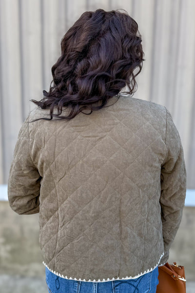Olive Quilted Jacket w/Contrast Stitch Trim back