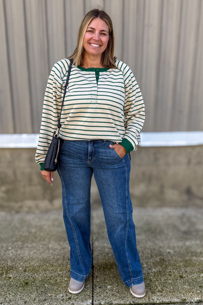 Green Stripe Quarter Button Top styled