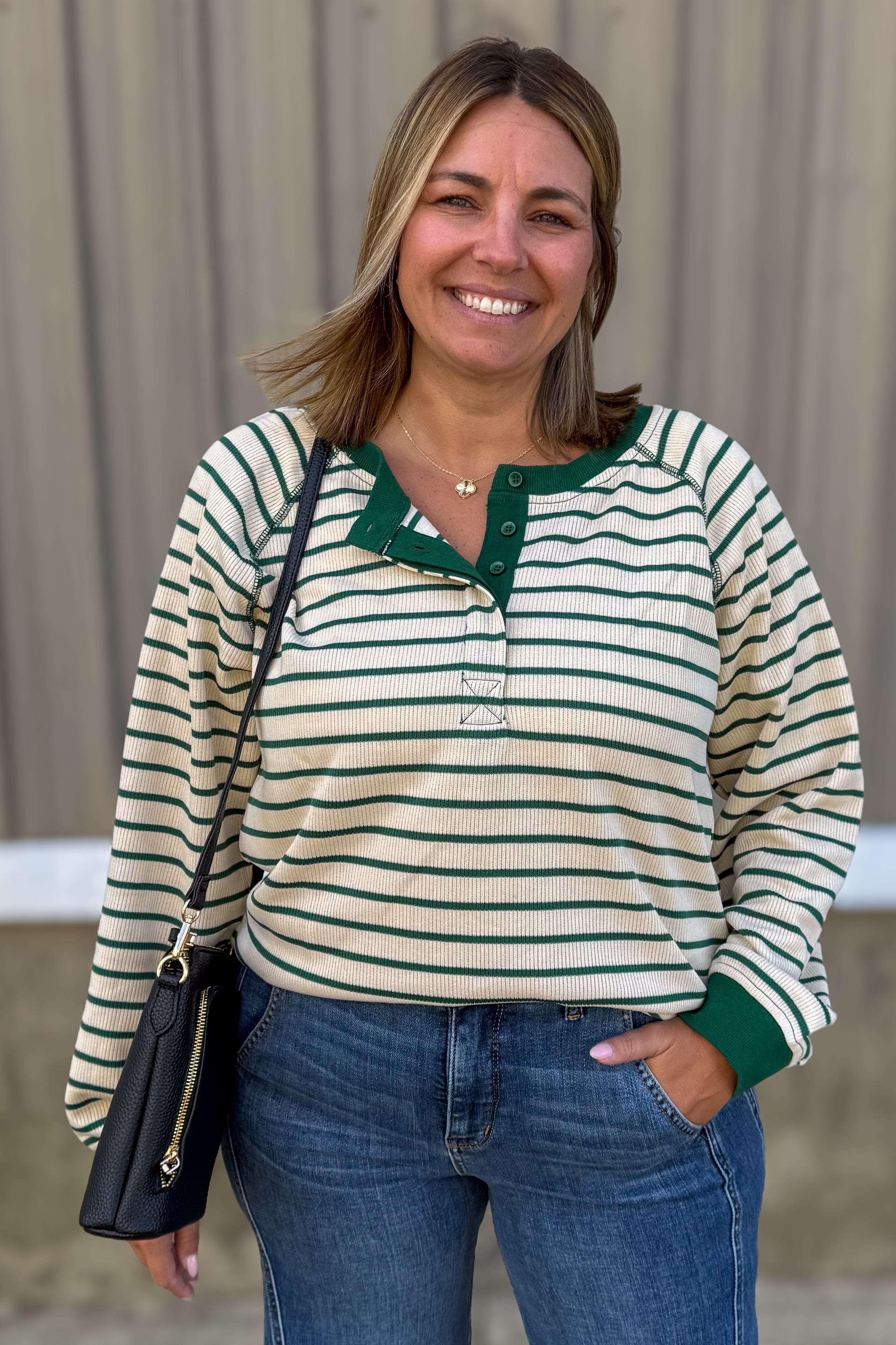 Green Stripe Quarter Button Top