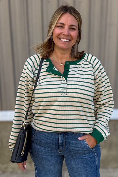 Green Stripe Quarter Button Top