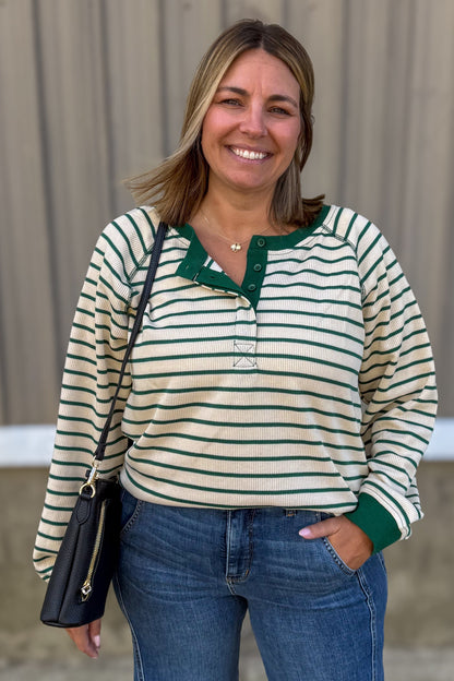 Green Stripe Quarter Button Top