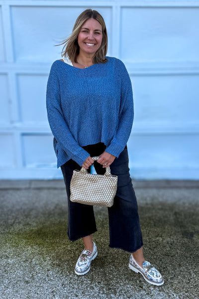 Dusty Blue Dolman V-Neck Sweater styled
