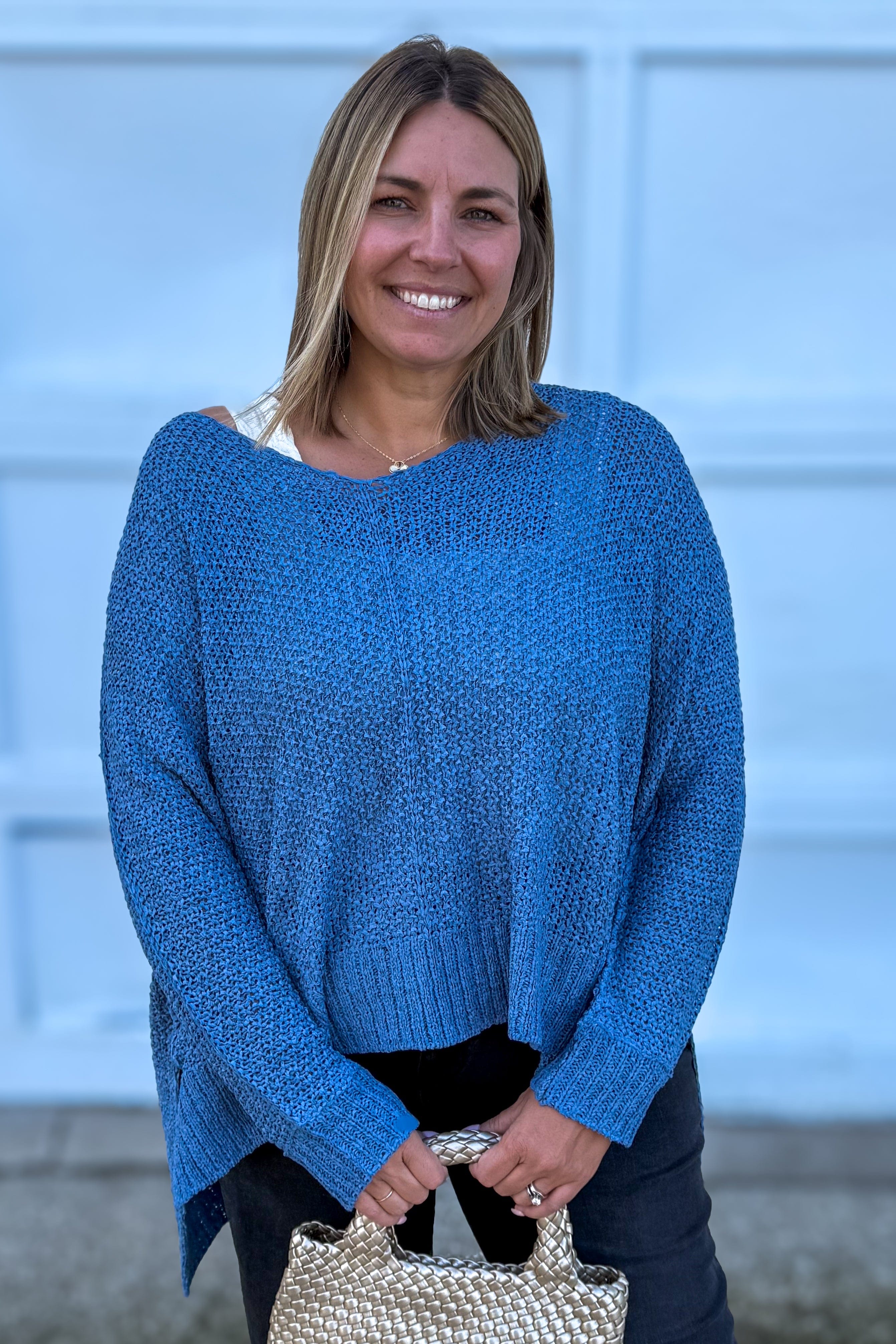 Dusty Blue Dolman V-Neck Sweater