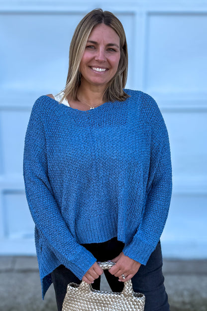 Dusty Blue Dolman V-Neck Sweater