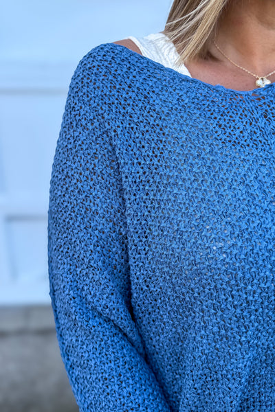 Dusty Blue Dolman V-Neck Sweater detailed