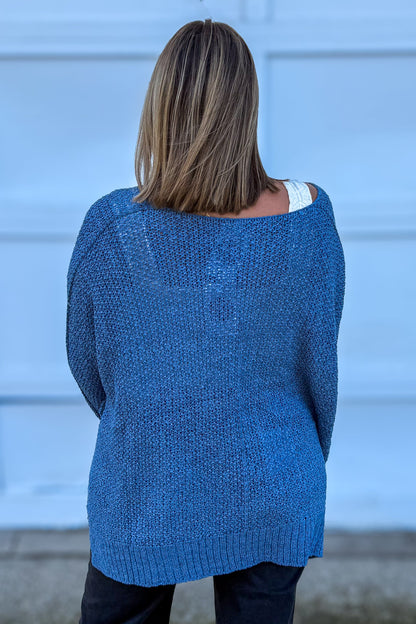 Dusty Blue Dolman V-Neck Sweater