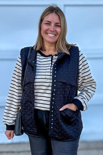 Black Stripe Quarter Button Top styled