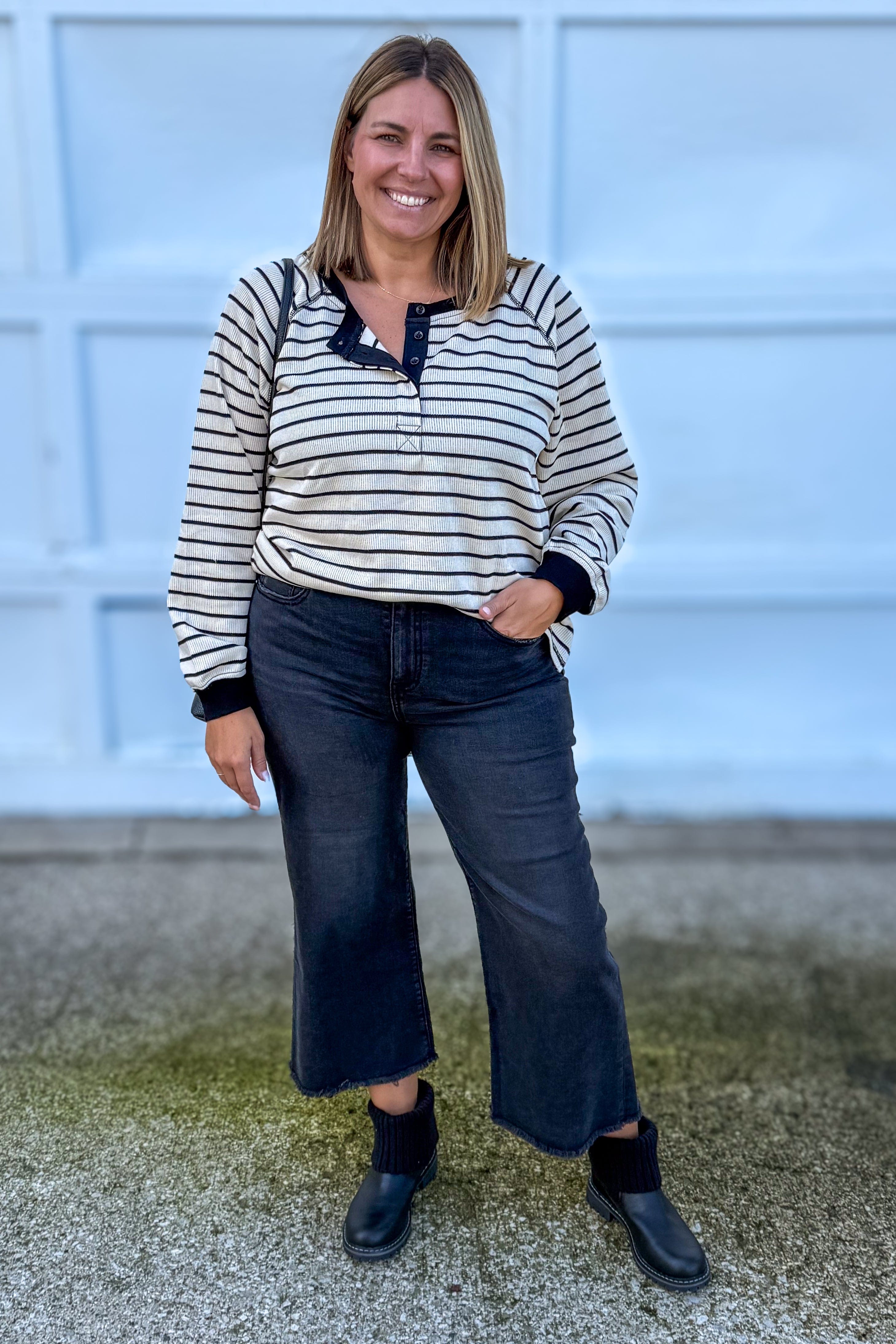 Black Stripe Quarter Button Top