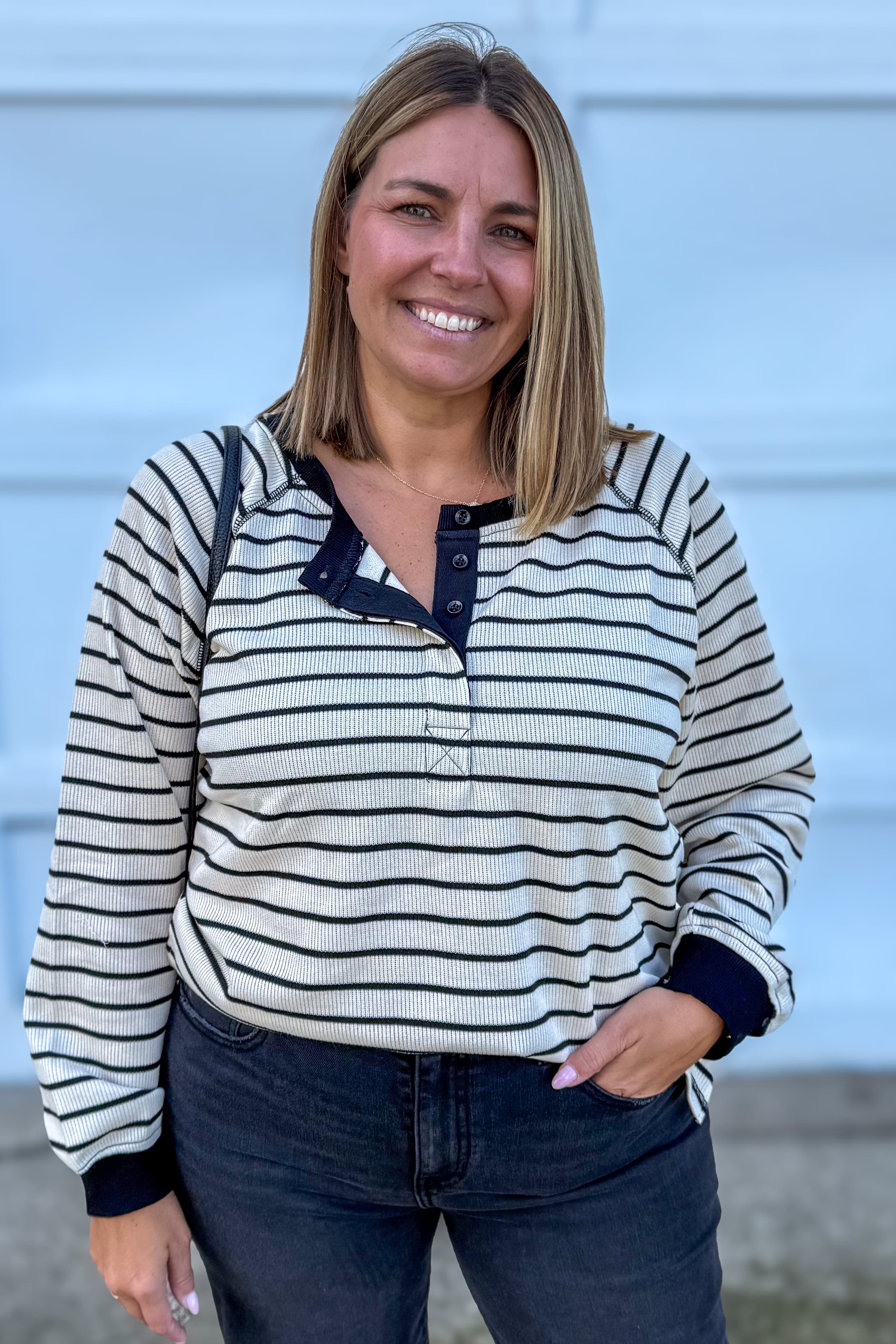 Black Stripe Quarter Button Top