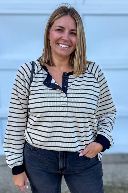 Black Stripe Quarter Button Top