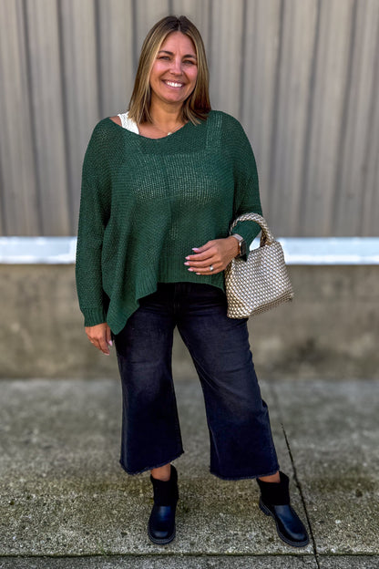 Dark Green Dolman V-Neck Sweater styled