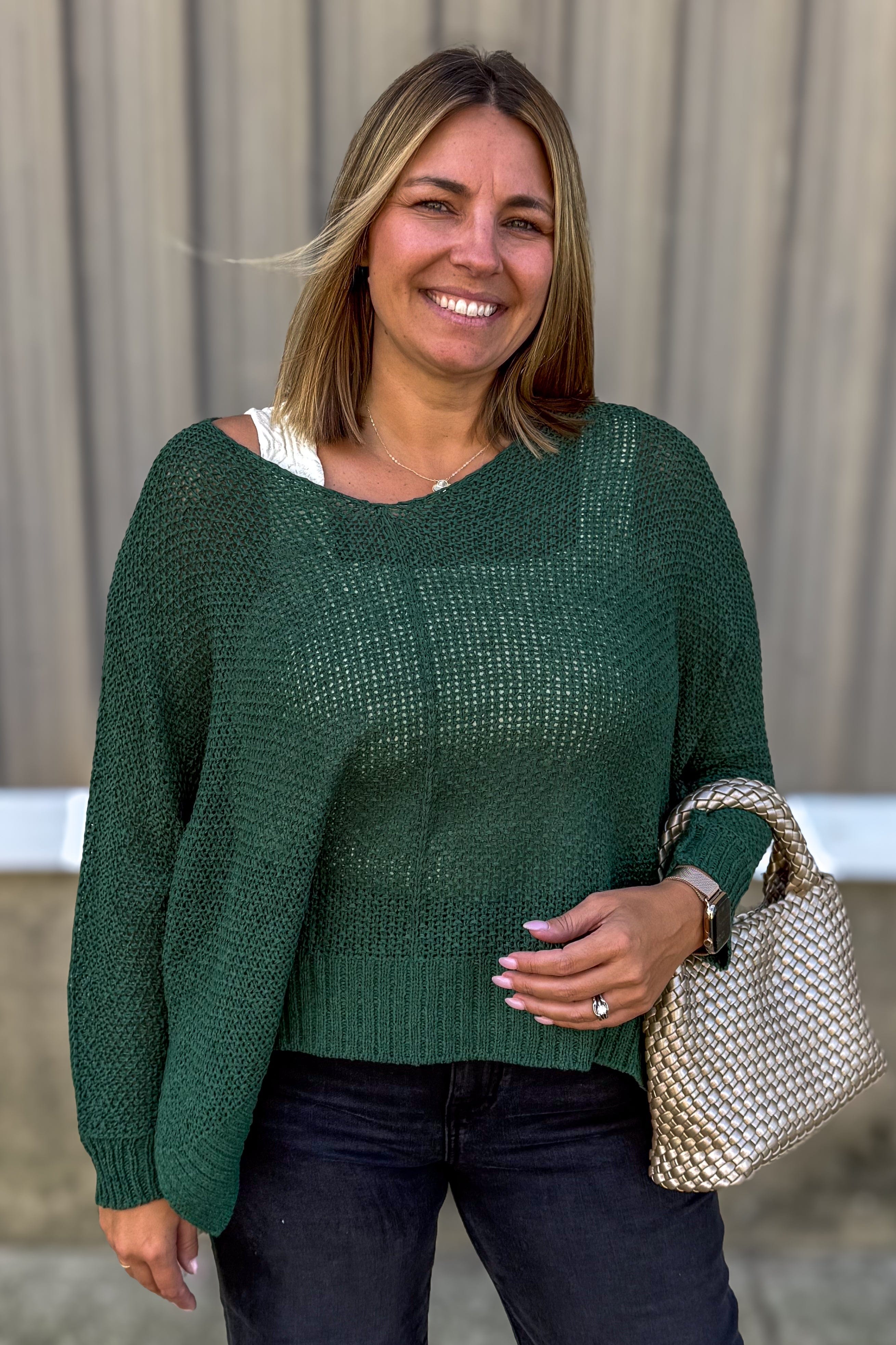 Dark Green Dolman V-Neck Sweater