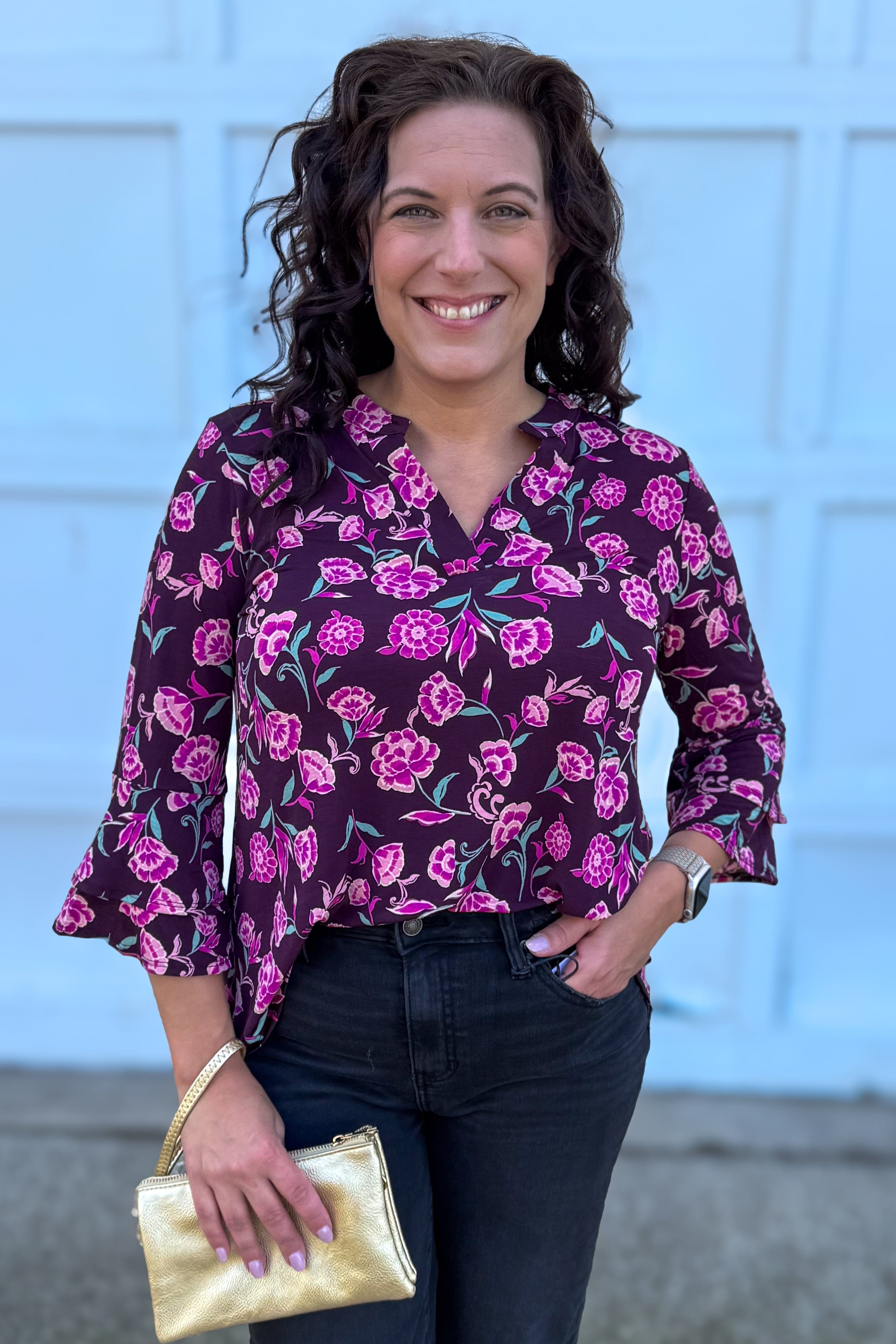 Eggplant & Pink Floral Bell Sleeve Lizzy Top