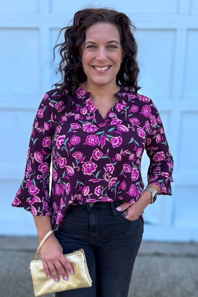 Eggplant & Pink Floral Bell Sleeve Lizzy Top styled