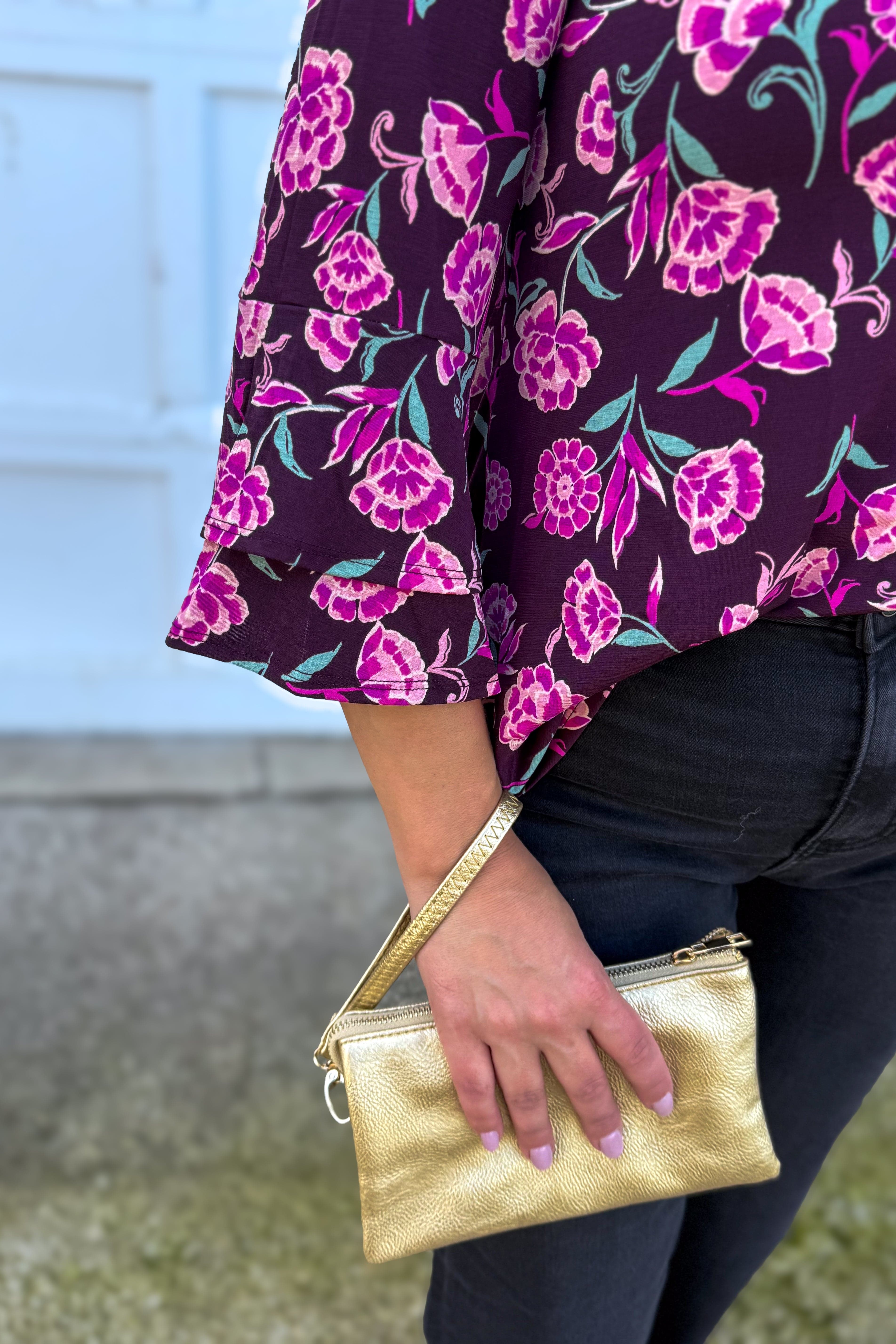 Eggplant & Pink Floral Bell Sleeve Lizzy Top