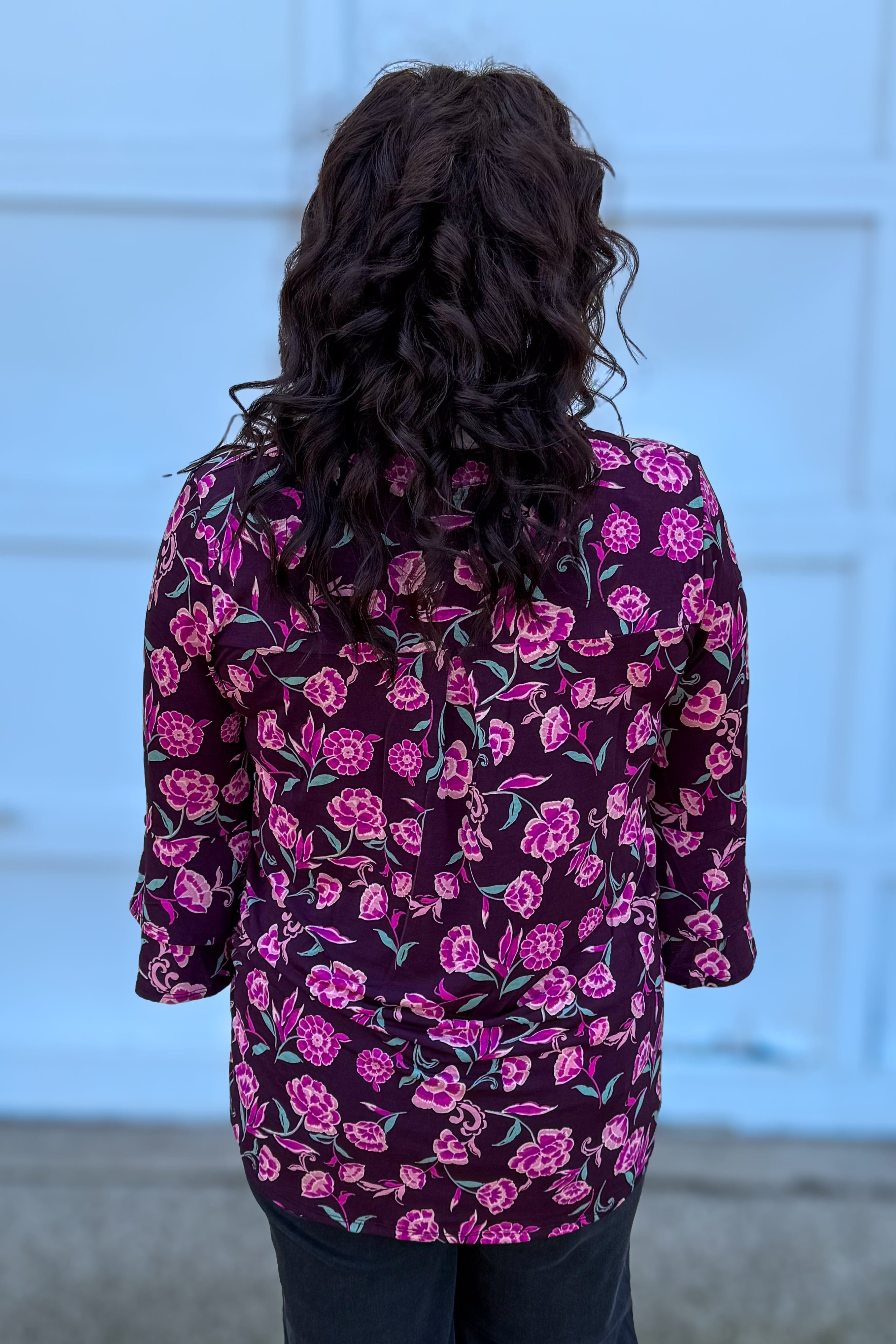 Eggplant & Pink Floral Bell Sleeve Lizzy Top