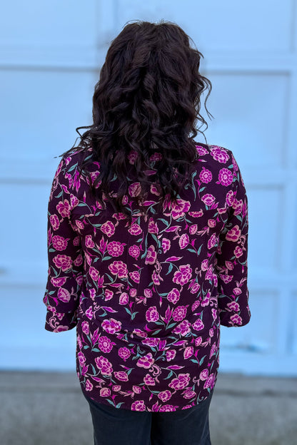 Eggplant & Pink Floral Bell Sleeve Lizzy Top