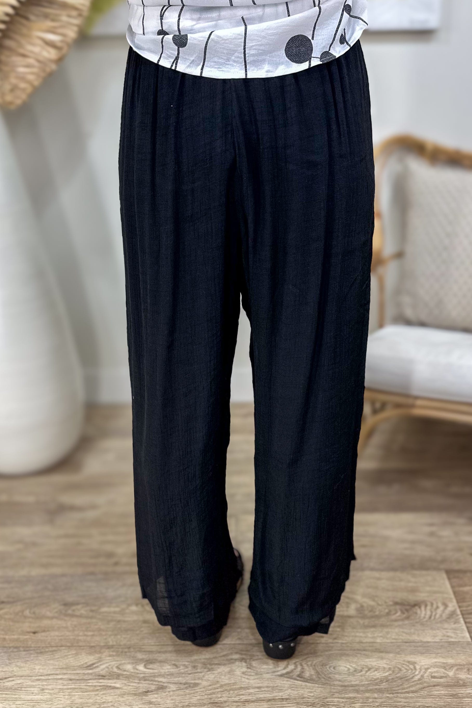 Black Flowy Side Button Gauze Pant Back