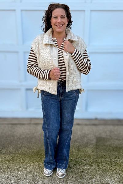 Sand Beige Oversized Faux Fur Vest styled