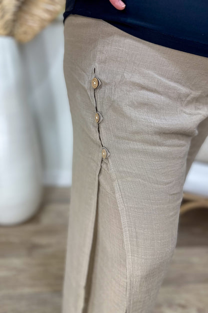 Taupe Flowy Side Button Gauze Pant Detailed