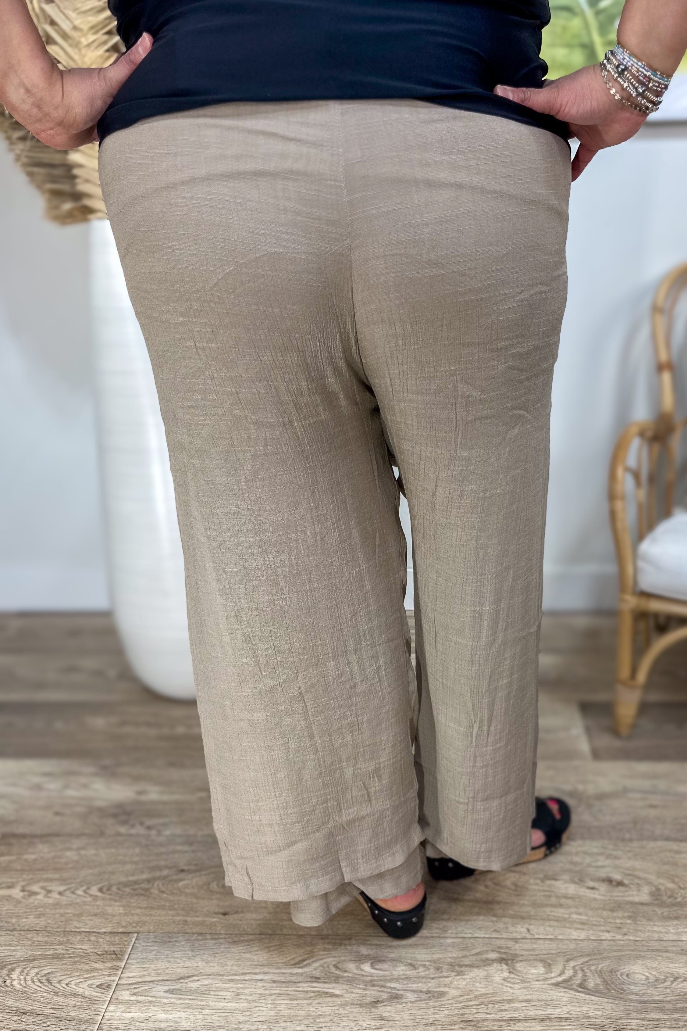 Taupe Flowy Side Button Gauze Pant Back