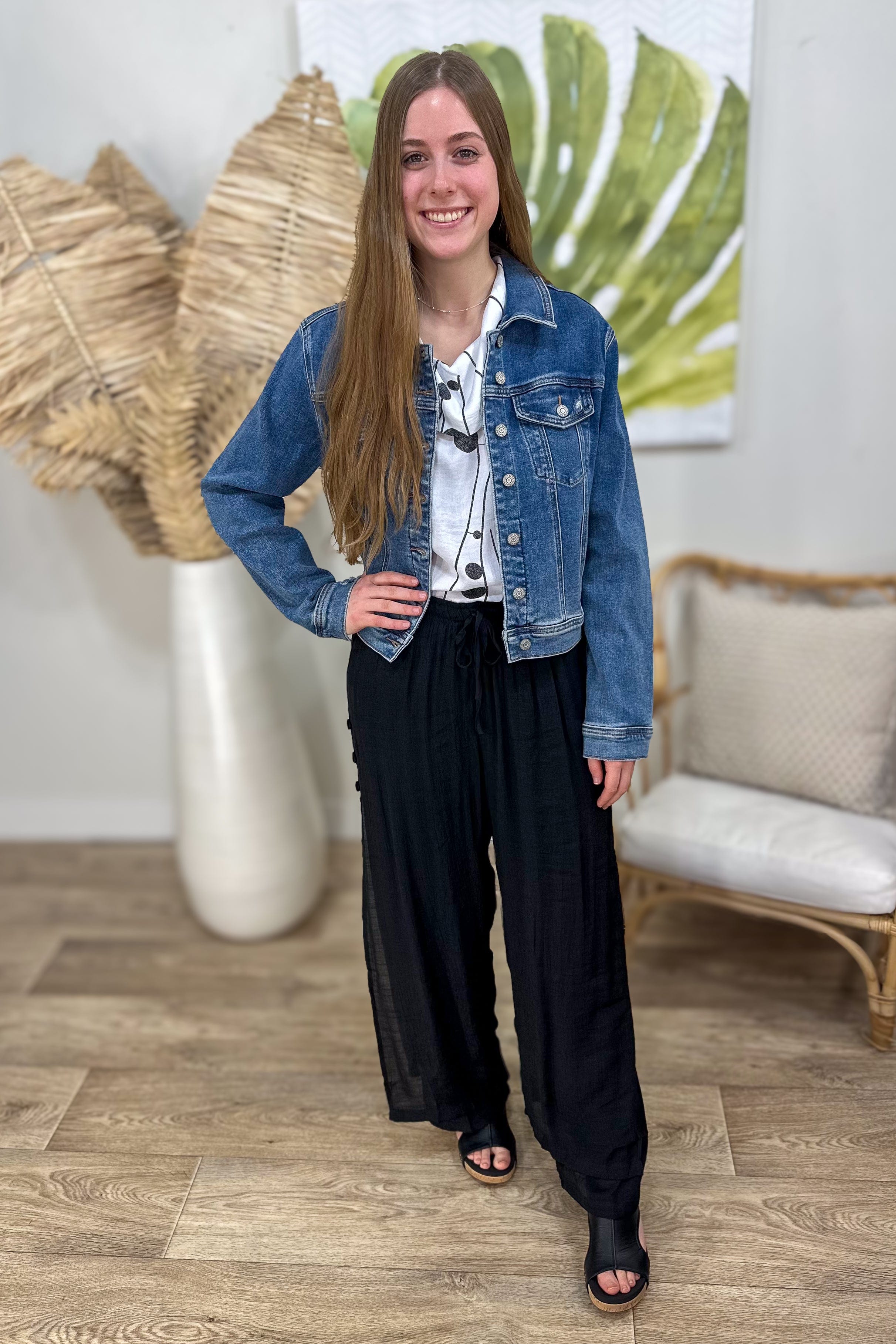 White Fold Over Neck Dandelion Tank With Denim Jacket