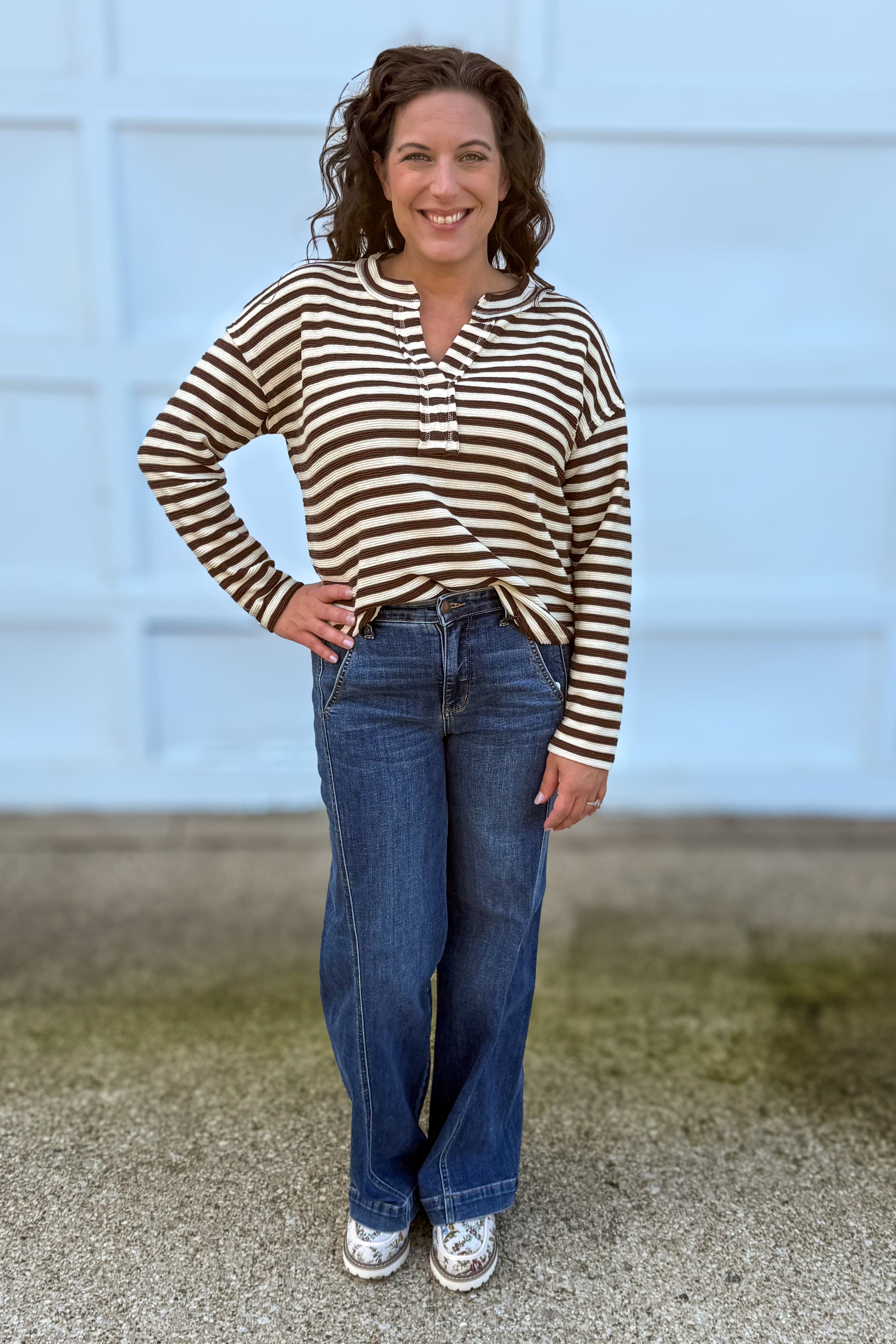 Dark Brown Texture Stripe Split Neck Knit Top