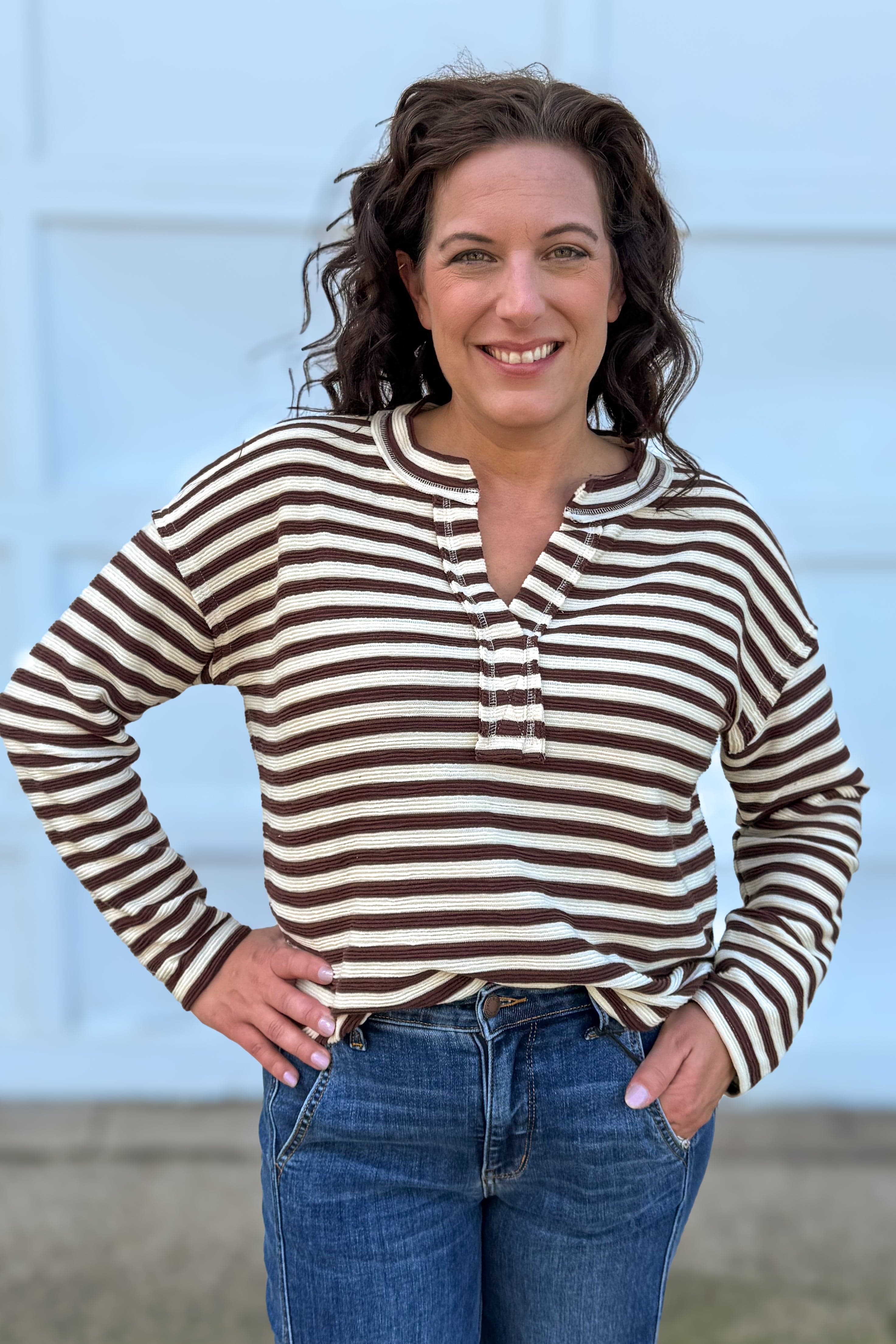 Dark Brown Texture Stripe Split Neck Knit Top