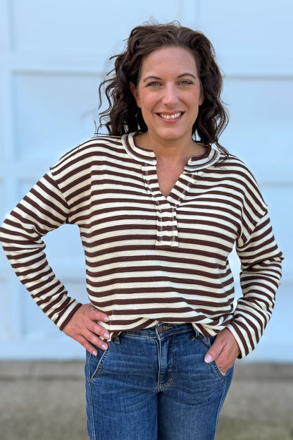 Dark Brown Texture Stripe Split Neck Knit Top