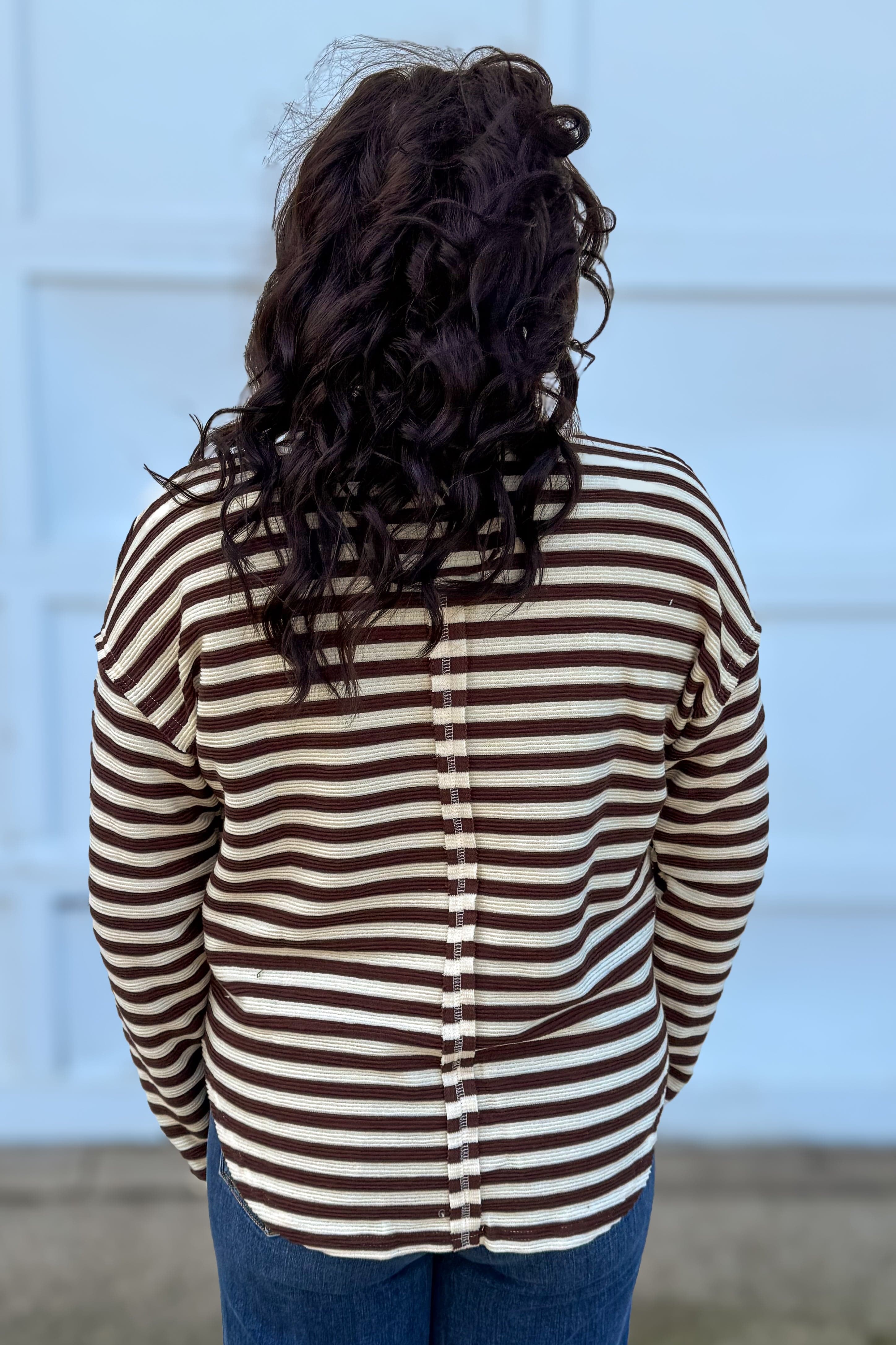 Dark Brown Texture Stripe Split Neck Knit Top