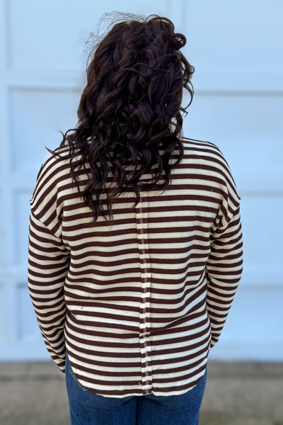 Dark Brown Texture Stripe Split Neck Knit Top back